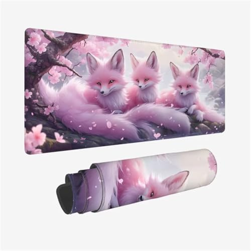 Grand Tapis de Souris Rose Tapis de Souris Gamer Imperméable,sous Main Bureau Renard Tapis Souris XXL 900x400x3mm,Antidérapant Tapis de Souris Gaming avec Bords Surpiqués,Accessoire Gaming Q1-570