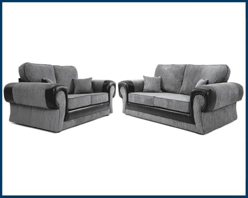 3 Plus 2 Seater Sofa Set - 2 seater Jumbo Cord Sofa - Selection High Back Cushion Sofa Suite - Dual Arm Corner Sofa for Living Room Lounge Indoors (Grey, 3+2 Seater)