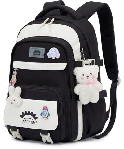 Tanou Schultasche Mädchen, Wasserabweisender Nylon Kinder Schulranzen, 20L | Leichter Schulrucksack für Mädchen der 2. bis 5. Klasse, Rucksack Schule mit Anhänger, Schwarz