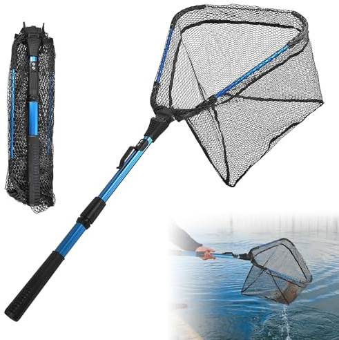 Fishing Kescher Angeln, Kescher Teich, Angelkescher, 2 Sektionen Teleskop, 90cm, Faltbares, für Kajak, Salmon, Catfish, Einfach Zu Fangen Und Freizugeben
