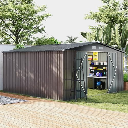 COSTWAY Casetta da giardino in metallo, 12 mq, tetto a doppia pendenza, doppia porta bloccabile con chiave, 4 aerazioni, capanna da giardino all'aperto per bicicletta, pattumiera, strumento, antracite