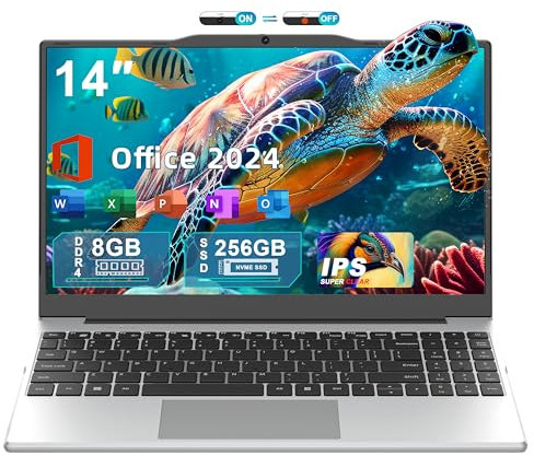 Fsjun 14 Full Size Numeric Keypad Laptop Win11 Pro,Celeron N5095(Up to 2.9), 8G RAM(Up to 32GB Expansion), 512G NVMe SSD,1920P IPS FHD,180° Hinge/WiFi/BT,PC,Notebook,PC (Silber, 8+256G)