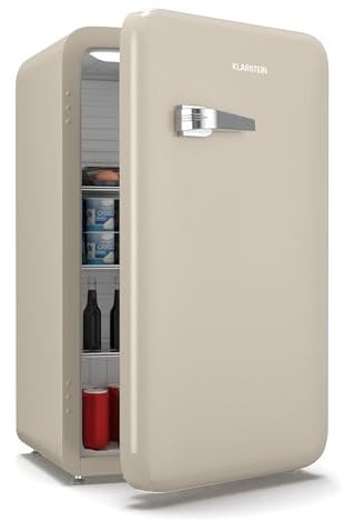 Klarstein Audrey Evo 90L Mininevera Retro - Silenciosa 40 dB, Termostato Ajustable, Puerta Reversible, Nevera Pequeña para Habitaciones, Oficinas, Crema