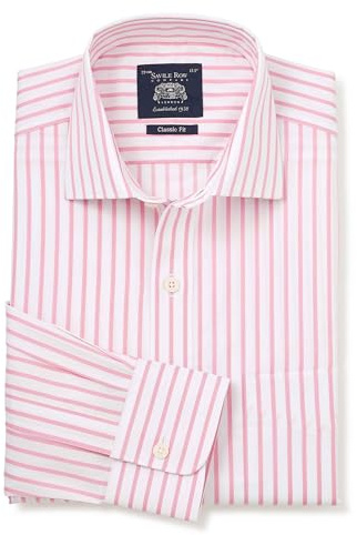 THE SAVILE ROW COMPANY LONDON Men's Classic Fit Cotton Poplin Single Cuff Formal Shirt - Pink White Stripe - 18 Collar