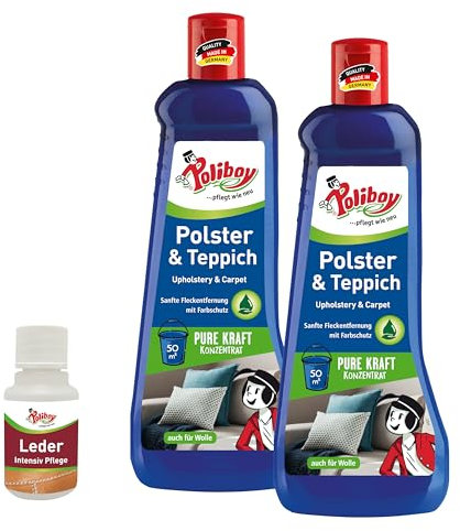 POLIBOY Teppich & Polster Reiniger - Sanfter Textilreiniger zur Fleckentfernung - Für Teppichböden, Schamponiergeräte und Wolle - 2x 500 ml - inkl. Produktprobe - Made in Germany