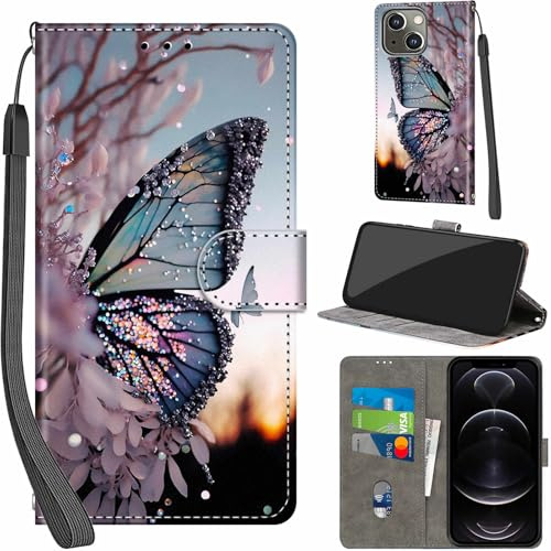 Haninsuze Phone Case for iPhone 13/14 6.1-inch, Butterfly | 3 Card Slots, Magnetic Closure, Kickstand, Shockproof, PU Leather, Wallet Book Flip, Lanyard Strap
