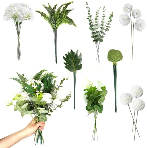 chuanhylis 55 Stück Künstliche Blumen & Zweige, 8 Stile Kunstblumen Wie Echt, DIY Blumenstrauß Künstlich, Grüne Blätter und Weiße Blüten für Hochzeit, Blumenarrangement, Tischdekoration