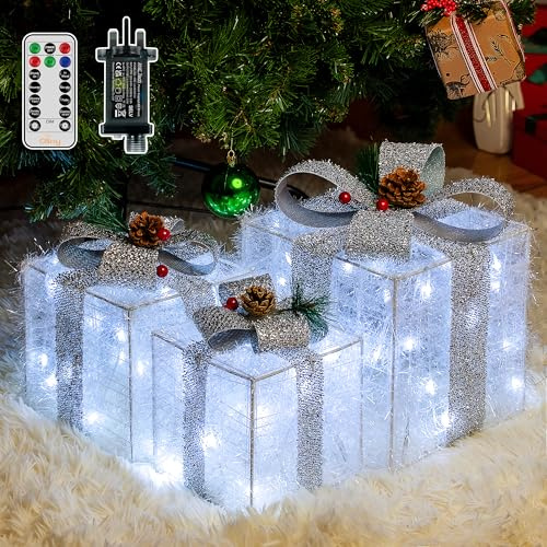 Ollny Set of 3 Light Up Present Boxes Mains Powered, 60 LEDs Christmas Decorations Parcels Lights with Plug 8 Modes Timer, Cool White Lighting Gift Box for Indoor Xmas Tree Fireplace Home Decor