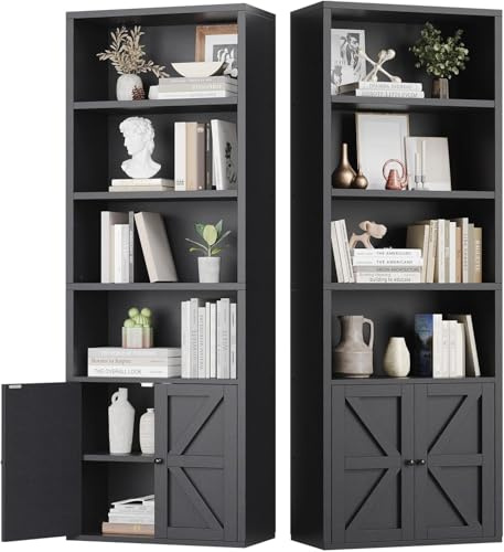 oneinmil 2 Pezzi Libreria Alta con Ante 6 Ripiani, Scaffale PortaLibri Moderno con Ante e Ripiani Aperti, Mobile Contenitore per Soggiorno, Ufficio, Camera da Letto, 55.5 x 23.5 x 181 cm, Nero