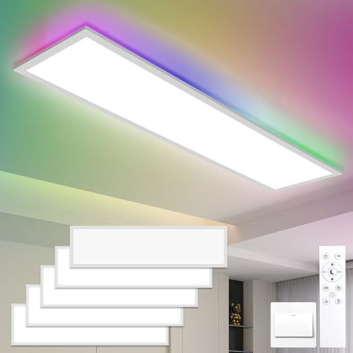 Oraymin 5er LED Panel Deckenleuchte 100x25 cm, 30W 3300LM CCT RGB Lampe Wohnzimmer mit Speicher-Funktion, 3000K-6500K Deckenpanel LED Deckenlampe Rechteckig, RGB