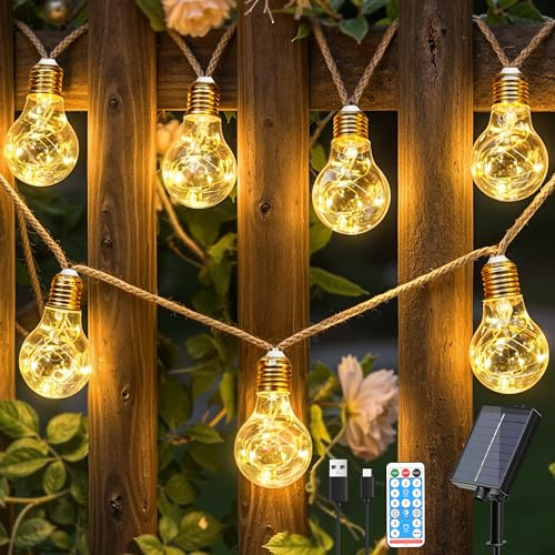 Ollny Solar Lichterkette Aussen mit 16 Glühbirnen 8M Lichterketten Außen | solar lichterkette outdoor Wetterfest, 8 Modi, Timer & Dimmbar USB für Vintage Deko Garten Balkon Terasse Hochzeit Party