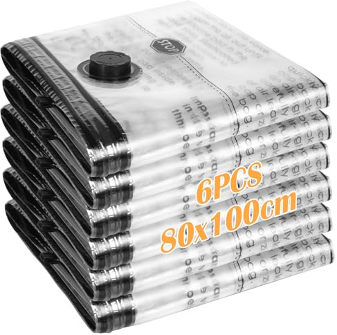CIOXSOIO 6 Piezas Bolsas Vacio Ropa, Bolsas al Vacio Ropa, 80x100cm Bolsas Envasar al Vacio, Reutilizable Vacuum Storage Bags para Almohadas, Mantas Almacenamiento