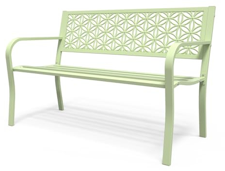 Bonnlo Garden Bench for 2-3 Seaters, Outdoor Patio Bench with Floral Back, Sturdy Metal Construction Garden Seat, Green