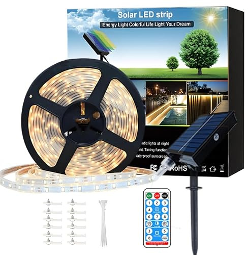 Meewata Tira de luces LED solares de 6 m para exteriores, impermeable, con autoadhesivo, 8 modos con temporizador remoto, perfecta para terraza, patio, caminos, decoración de camping, blanco cálido