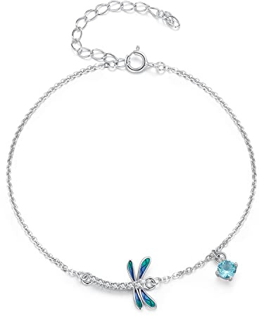 XYNSNDB Sterling Silber Schmuck, Libelle Armband Fußkettchen 925 Sterling Silber Zierliche verstellbare Perlen Armband Libelle Schmuck Geburtstagsgeschenke für Frauen Libelle
