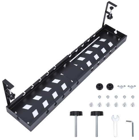 Under Desk Cable Management Tray No Drill，40-74CM/15.7-29IN Extendable Under Desk Cable Management，Metal Cable Management Tray Under Desk with Clamp for Home Office Standing Desk