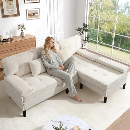 Merax Chenille Ecksofa L-Form, 3-Sitzer Wohnzimmer-Sofa mit Schlaffunktion, modulare Chaiselongue, bewegliche Fußbank, weiche Armlehnen, Kissen inklusive, platzsparend, Beige