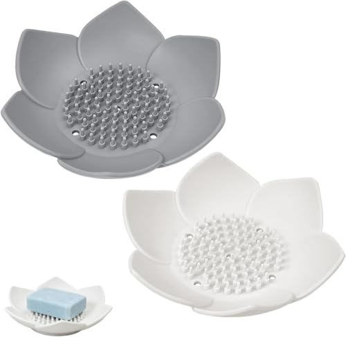 Silicone Soap Dish, 2-Pack, Self-Draining, Non-Slip, Compact Design, Grey and White, for Bathroom, Kitchen, Shower