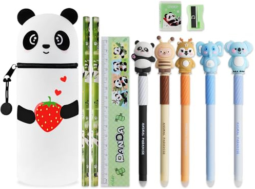 Trousse Silicone, Trousse Cute 2 en 1, Cartoon Stand Up réglable (Fraise) | Avec 5 stylos Gel, 2 Crayons, Un Taille-Crayon et Une Gomme, Convient aux Enfants, Fille, garçon et Adolescents(Panda-Fraise)