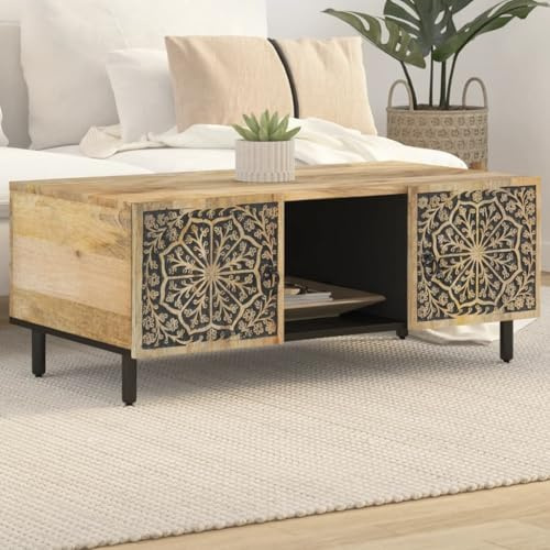 Mangloder Table Basse Bois de manguier Massif 100x54x40 cm avec Motif sculpté, Rangement spacieux, Pieds en Fer Stable, Meuble Console pour Salon séjour intérieur et extérieur Design Moderne