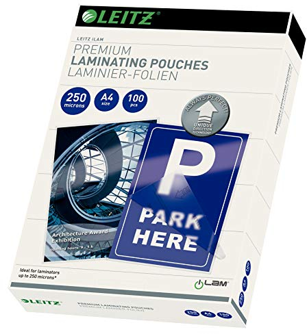 Leitz Heißlaminierfolien A4 250 mic, Laminierfolien in Premium-Qualität im 100er Pack, Glänzend, Transparent, Vereinfachtes Einlegen durch UDT, iLAM, 74840000