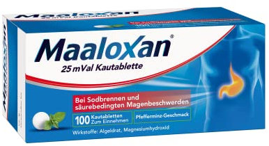 Maaloxan 25 mVal Kautablette | Bei Sodbrennen, Reflus & Gastritis | 100 Stück | Akuthilfe & Magenschutz beizu viel Magensäure, saurem Aufstoßen und Magenschmerzen durch Sodbrennen