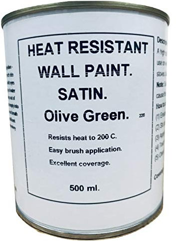 1 x 500ml Satin Olive/Dark Green Heat Resistant Wall Paint. Wood Burner Stove Alcove. Brick, Concrete, Plaster, Cement Board, Rendering, Metal, Timber etc.