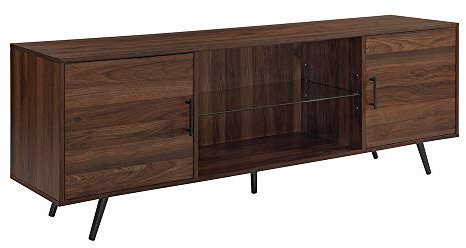 Walker Edison Englewood Mid Century Modern 2 Door Glass Shelf TV Stand for TVs up to 80 Inches, Wood Metal Glass, Dark Walnut Brown, 70 Inches