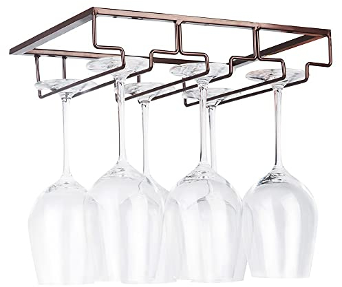 FOMANSH Wine Glass Rack - Under Cabinet Stemware Wine Glass Holder Glasses Storage Hanger Metal Organizer for Bar Kitchen Brown
