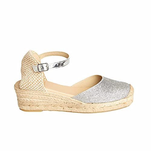No es Lo mismo - Sandali o Espadrilles di Iuta con Zeppa per Donna | Plateau Sparto con Fibbia e Punta Chiusa | Colore Argento Iridio Taglia dalla 35 alla 41
