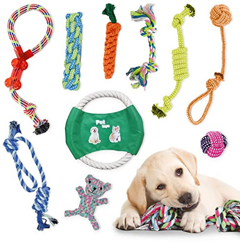 KEPLIN Hundespielzeug - 10er Set I Starkes Seil, Ball & Tau für Zahnwechsel, Stimulation & Training I 100% natürliche Baumwolle | Hunde Zubehör für kleine, mittlere & große Welpen & Hunde (Style 1)
