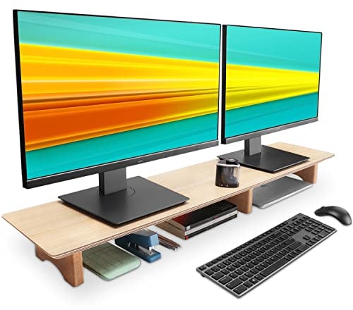 Aothia Large Dual Monitor Stand for Computer Screens Solid Wood Riser with Sustainable Cork Block Legs Supports Heavy Laptop Computer/TV/PC,Perfect Shelf Organizer for Office (Oak, Large)