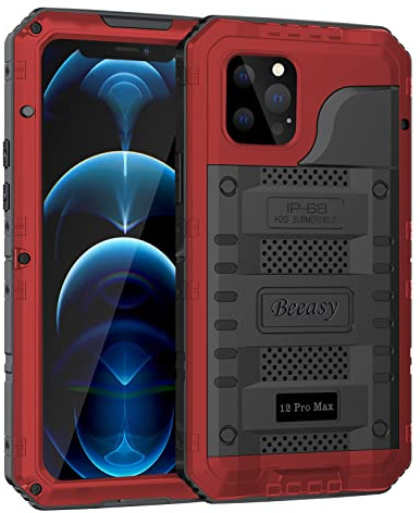 Beeasy für iPhone 12 Pro Max Wasserdicht Outdoor Hülle (6,7), Stoßfest Panzerhülle Militär 360 Grad Schutzhülle mit Displayschutz, Robust Metall Heavy Duty Handyhülle iPhone 12 Pro Max Case, Rot