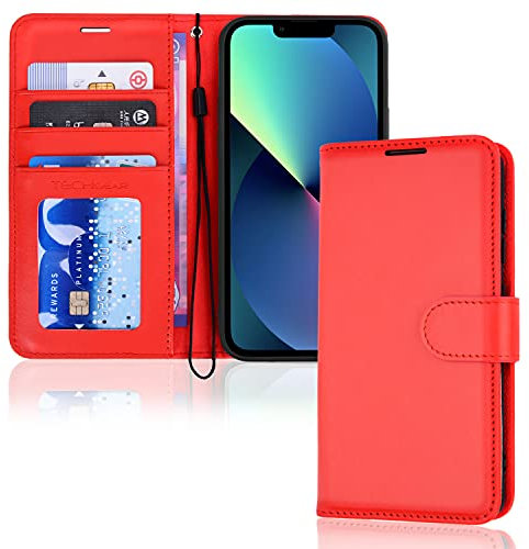 TECHGEAR iPhone 13 Leather Wallet Case, Flip Protective Case Cover with Wallet Card Holder, Stand and Wrist Strap - Red PU Leather with Magnetic Closure for iPhone 13 6.1