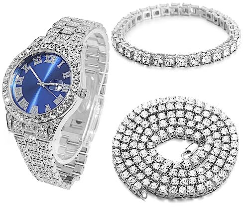 Halukakah Diamant Golduhr Iced Out, Männer Platin Weißgold Plattiert Quarz Armband 24cm Blaues Zifferblatt, mit Tennis-Ketten Armband 20cm + Halskette 45cm, Kommt mit Geschenkbox