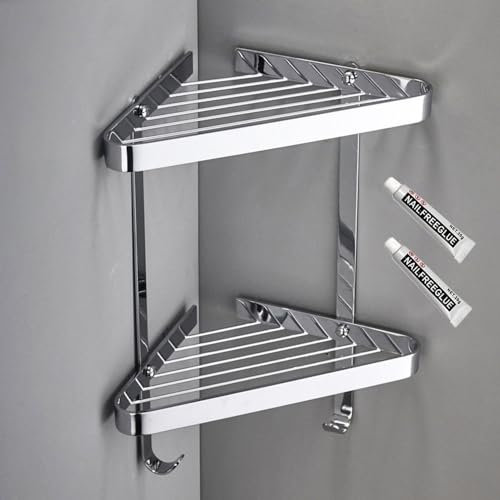 étagère Douche Angle Murale Laiton Serviteurs de Douche avec Crochet Porte Gel Douche Shampoing Salle de Bain Accessoire 2 Niveaux Paniers Triangle Rangement avec Perçage