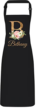 Personalised Floral Gold Initial and Name Apron with Adjustable Neck Strap - Full Colour Print (Black)