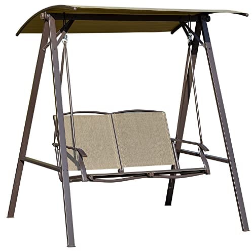 Outsunny 2 Seater Garden Swing Seat Swing Chair, Outdoor Canopy Swing Bench with Adjustable Shade, Metal Frame and Texteline Seat, Brown