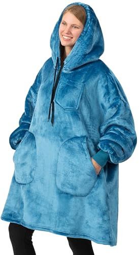 PAVILIA Tragbare Decke Sweatshirt für Damen Herren, Meeresblau Türkis Lang, Warm Gemütlich Riesen Decke Hoodie, Fleece Sherpa Übergroße Decke Sweatshirt mit Ärmeln, Zwei Taschen