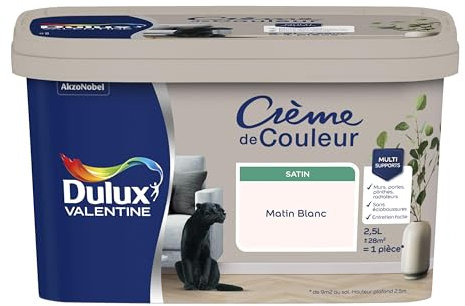 Dulux Valentine Crème de Couleur - Peinture multi-supports intérieure - Satin Matin Blanc 2,5 L
