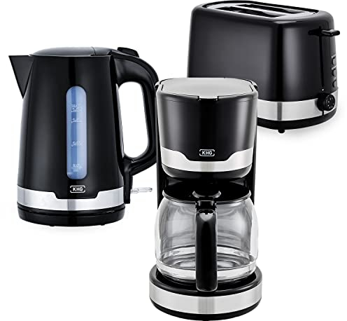 KHG Frühstücksset Kaffeemaschine Toaster Wasserkocher 3-teilig in schwarz, 1.000, 850 & 2.200 Watt, Küchenset mit Kapazität 1,7 Liter Kochwasser, 2 Scheiben Toast & für 12 Tassen Kaffee