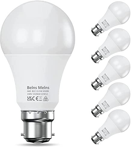 Levidon Bayonet Light Bulbs 100W Equivalent, Cool White 6500K,13.5W 1520lm Super Bright LED Bayonet Bulb,Daylight B22 LED Bulbs, BC GLS Energy Saving Lightbulbs Bayonette, Non-dimmable, Pack of 6
