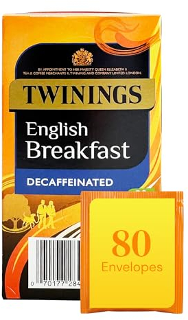 Twinings English Breakfast Decaffeinated Tea Bags, 4 Boxes of 20 Individually Wrapped Enveloped Tea Bags, Black, 80 count