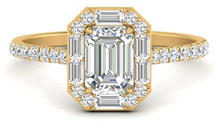 Art Deco Emerald Cut Halo Ring yellow gold plated Created Cubic Zircon Emerald shape White color Halo Engagement Rings prong setting in Size Z Casual Wear for Gift GPR-D151-EMERALD-WCZ-Z