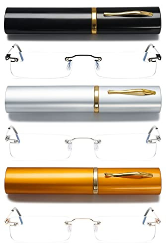 VEVESMUNDO Randlos Blaulichtfilter Lesebrillen mit Etui Herren Damen Rahmenlos Weitsichtigkeit Anti Blaulicht Brille mit Sehstärke