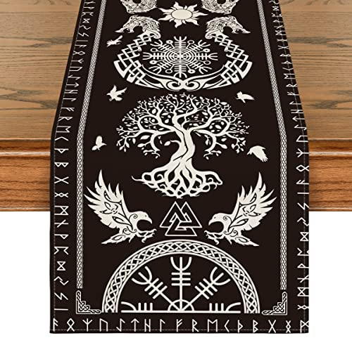 Artoid Mode Schwarz Wikinger Baum des Lebens Rabe Helm der Ehrfurcht Tischläufer, Saisonnal Tisch Dekoration Drinnen Urlaub Party Dekor 40x140 cm