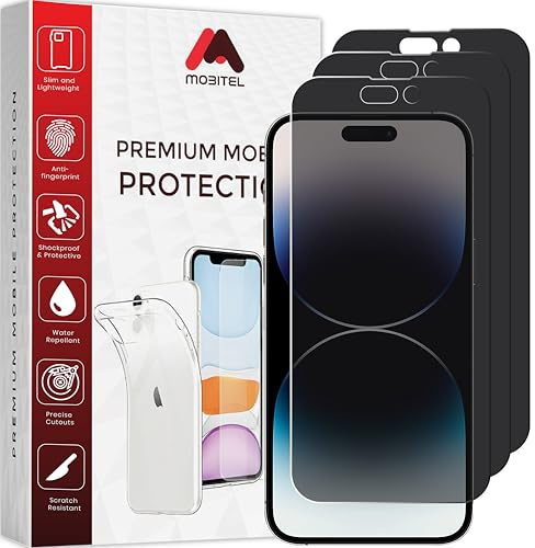 Mobitel 3-Pack Anti-Spy Privacy Screen Protector, 9H Tempered Glass, Anti-Scratch, Anti-Water, Case Friendly (iPhone 14 Pro)