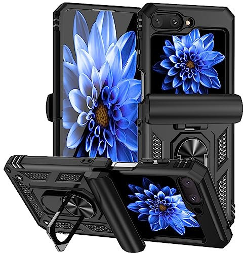 WBWONE Cover per Samsung Galaxy Z Flip 5(Z Flip5) 5G, TPU Silicone e PC Antiurto Custodia, Protettiva Case con 360° Girevole Anello e Coperchio Della Fotocamera Scorrevole, Nero