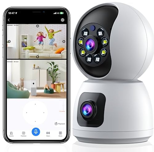 Doppelobjektiv-2K üBerwachungskamera Innen,2.4G WLAN üBerwachungskamera Indoor,Babyphone Mit Kamera & Hundekamera,Ptz Camera Bewegungsverfolgung, Farbnachtsicht, 2-Wege-Audio,Cloud-Speicher