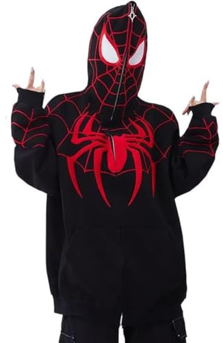 Y2k Zip Up Hoodie mit Taschen Vintage Jacke Mantel Oversized Kapuzenjacke Spinne Print Unisex Harajuku Gothic Streetwear Herbst Winter Loose Hip Hop Streetwear